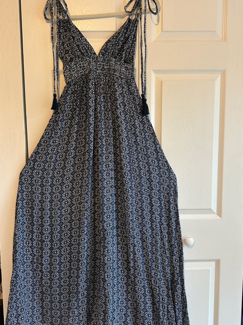 Lulu's Navy Blue Floral Tie-Shoulder Boho-Maxi-Flowy Summer Dress - Picture 3 of 8